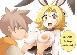 Rule 34 | 1boy, 1girl, absurdres, animal ears, antenna hair, bare shoulders, black leotard, blonde hair, blush, grabbing another&#039;s breast, breast sucking, breasts, breasts squeezed together, brown hair, character request, colored skin, covered erect nipples, dan-chan, detached collar, fake animal ears, grabbing, hair ornament, hetero, highres, imminent penetration, lactation, large breasts, leotard, looking at another, lucyfer, moaning, original, playboy bunny, puffy nipples, rabbit ears, saliva, saliva trail, shiny skin, short hair, simple background, sweat, tears, upper body, white background, white skin, yellow eyes