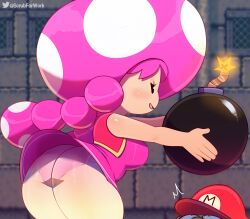 1boy 1boys 1girl 2022 2022s ass bad_tag bare_shoulders big_breasts black_eyes blush bomb breasts cap colored colorful dat_butt dress_shirt explosive female female_focus half-closed_eyes highres huge_ass male mario mario_(series) mushroom nintendo no_nose open_mouth panties pink_hair pink_panties pink_underwear plump red_cap red_vest shirt shortstack sideboob somescrub super_mario_bros._1 super_mario_maker super_mario_maker_2 super_mario_world thick_thighs thighs toadette twintails underwear upskirt vest wide_hips