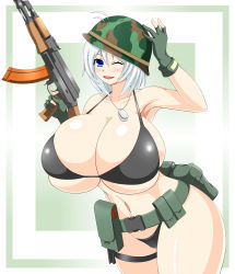 Rule 34 | 1girl, belt, bikini, blue eyes, breasts, gloves, gun, hat, highres, huge breasts, military hat, one eye closed, open mouth, solo, swimsuit, tagme, weapon, white hair