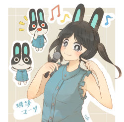 Rule 34 | 1girl, animal crossing, animal ears, black eyes, black hair, blush, dotty (animal crossing), dress, furry, furry female, long hair, microphone, musical note, nintendo, open mouth, personification, rabbit, rabbit ears, rabbit girl, rabbit tail, red eyes, saya (yura0214), solo, tail, twintails