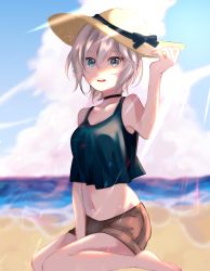 Rule 34 | 1girl, absurdres, anastasia (idolmaster), barefoot, beach, between legs, black bow, black ribbon, black tank top, blue eyes, blurry, blurry background, bow, brown shorts, choker, cloud, collarbone, day, groin, hair between eyes, hand between legs, hand on headwear, haruno (haruno na), hat, hat bow, hat ribbon, highres, idolmaster, idolmaster cinderella girls, looking at viewer, midriff, navel, ocean, open mouth, outdoors, ribbon, short hair, short shorts, shorts, silver hair, sitting, sleeveless, solo, stomach, sun hat, sunlight, tank top, wariza, yellow hat