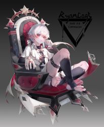 Rule 34 | 1boy, albino, cape, closed mouth, commission, frown, full body, halo, head rest, highres, long hair, long sleeves, looking at viewer, low ponytail, male focus, multicolored hair, original, red eyes, red hair, ryancogs, shirt, sitting, solo, throne, white hair, white shirt