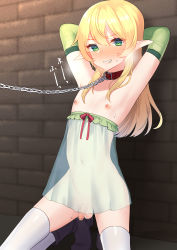 Rule 34 | 1boy, akagi kurage, ankle boots, arms behind head, bare shoulders, black footwear, blonde hair, blush, boots, bound, breath, censored, chain, chain leash, clenched teeth, collar, collarbone, commentary request, crossdressing, elbow gloves, elf, fang, gloves, green eyes, green gloves, hair between eyes, highres, kneeling, leash, legs apart, looking at viewer, male focus, mosaic censoring, navel, nipples, original, penis, pointy ears, red collar, red ribbon, restrained, ribbon, see-through, solo, standing, teeth, testicles, thighhighs, trap, viewer holding leash, white thighhighs