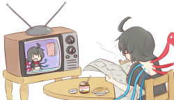 Rule 34 | 1girl, :d, ahoge, asymmetrical wings, back cutout, bespectacled, black-framed eyewear, black hair, bow, brand name imitation, bread, chair, clothing cutout, food, glasses, highres, houjuu nue, long hair, news, newspaper, nutella, open mouth, smoking pipe, plate, pun, reading, red bow, short sleeves, sitting, smile, smoke, solo, table, television, touhou, wings, wool (miwol), | |