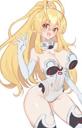 :d antenna_hair blonde_hair bodysuit breasts commentary fang highres kami_jigen_game_neptune_v large_breasts long_hair looking_at_viewer neptune_(series) open_mouth pish power_symbol power_symbol-shaped_pupils smile suuuuica symbol-shaped_pupils thighs white_bodysuit yellow_eyes yellow_heart_(neptunia)