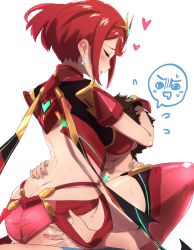 Rule 34 | 1boy, 1girl, armor, ass, ass grab, back, bad id, bad pixiv id, breast smother, breasts, brown hair, butt crack, closed eyes, earrings, face to breasts, gem, grabbing, headpiece, highres, hug, jewelry, large breasts, mokki, nervous, nintendo, pyra (xenoblade), red hair, red shorts, reverse cowgirl position, rex (xenoblade), sex, sex from behind, short hair, short shorts, shorts, shoulder armor, sitting, straddling, sweat, thighhighs, thighs, tiara, xenoblade chronicles (series), xenoblade chronicles 2
