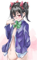 Rule 34 | 10s, 1girl, arm behind back, black hair, blazer, blouse, blush, bottomless, bow, bowtie, diagonal-striped bow, diagonal-striped bowtie, diagonal-striped clothes, dress shirt, flat chest, grin, groin, hair ribbon, jacket, looking at viewer, love live!, love live! school idol festival, love live! school idol project, m/, no bra, open clothes, open shirt, out-of-frame censoring, red eyes, ribbon, school uniform, shirt, smile, solo, striped bow, striped bowtie, striped clothes, twintails, white shirt, yazawa nico, yohane