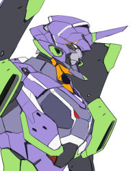 Rule 34 | ban! (bansankan), eva 01, from side, highres, horns, looking to the side, mecha, neon genesis evangelion, no humans, redesign, robot, single horn, solo, super robot, white background, white eyes