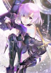 Rule 34 | 119, 1girl, armor, bad id, bad twitter id, bare shoulders, elbow gloves, fate/grand order, fate (series), gloves, highres, light purple hair, mash kyrielight, purple eyes, shield, solo, sword, weapon