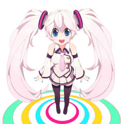 Rule 34 | 1girl, alternate color, alternate hair color, blue eyes, blue nails, boots, detached sleeves, greentanuki, hatsune miku, heart, long hair, nail polish, necktie, open mouth, pink hair, skirt, smile, solo, thigh boots, thighhighs, twintails, very long hair, vocaloid, white hair
