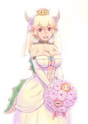 Rule 34 | 1girl, abs, bare shoulders, blonde hair, bouquet, bowsette, breasts, bridal veil, center opening, cleavage, collar, collarbone, commentary request, cowboy shot, crown, dress, earrings, elbow gloves, fire flower, flower, gloves, hair flower, hair ornament, holding, holding bouquet, horns, jewelry, kensaint, large breasts, lizard tail, long hair, looking at viewer, mario (series), new super mario bros. u deluxe, nintendo, open mouth, pink flower, piranha plant, pointy ears, red eyes, sharp teeth, simple background, solo, spiked collar, spikes, standing, strapless, strapless dress, super crown, super mario odyssey, tail, tearing up, teeth, v-shaped eyebrows, veil, wedding dress, white background, white gloves