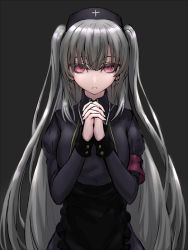 Rule 34 | 1girl, apron, armband, black apron, black dress, black hat, chinese commentary, closed mouth, collared dress, commentary request, cowboy shot, cross, dress, expressionless, eyelashes, grey background, grey hair, hat, highres, indie virtual youtuber, interlocked fingers, long hair, long sleeves, looking at viewer, minai karte, nurse cap, own hands together, red eyes, simple background, solo, two side up, very long hair, virtual youtuber, yeklsa