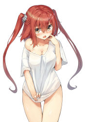 Rule 34 | 1girl, bare shoulders, blush, breasts, brown eyes, brown hair, cleavage, fang, highres, large breasts, long hair, looking at viewer, loose shirt, naked shirt, off shoulder, open mouth, original, ruma imaginary, shirt, shirt tug, simple background, solo, tears, twintails, white background, white shirt