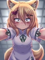 Rule 34 | 1girl, animal ears, arrow through heart, blonde hair, blurry, blurry background, blush, breasts, brown eyes, closed mouth, commentary request, constricted pupils, covered navel, fox ears, fox girl, fox tail, green ribbon, hair between eyes, hair ornament, heart, heart hair ornament, highres, kabedon, kudamaki tsukasa, long bangs, looking at viewer, medium breasts, medium hair, neck ribbon, pinned, pov, ribbon, romper, short sleeves, siw0n, smile, solo, sweat, tail, touhou, upper body, white romper