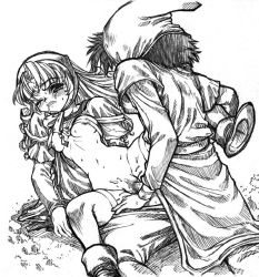 Rule 34 | 1boy, 1girl, aruni, black hair, boots, breasts, censored, clenched teeth, covered erect nipples, dragon quest, dragon quest vii, greyscale, hat, hero (dq7), hetero, long hair, maribel (dq7), monochrome, mosaic censoring, outdoors, penis, rape, robe, saliva, sex, small breasts, sweat, tears, teeth, thighhighs, vaginal, wince