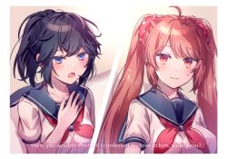 Rule 34 | 2girls, ahoge, aicedrop, ayano aishi, black hair, blue eyes, blush, breasts, collarbone, commentary, english text, hair ornament, hair scrunchie, hand on own chest, large breasts, long hair, multiple girls, open mouth, osana najimi (yandere simulator), ponytail, red eyes, red hair, school uniform, scrunchie, serafuku, signature, subtitled, sweatdrop, tsundere, twintails, yandere simulator