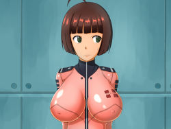 Rule 34 | 10s, 1girl, ahoge, blush, bob cut, breasts, brown hair, covered erect nipples, embarrassed, english text, female focus, green eyes, harada makoto, highres, large breasts, latex, looking away, shiny clothes, short hair, skin tight, solo, standing, sweatdrop, uchuu senkan yamato, uchuu senkan yamato 2199, uniform, woodzzz