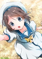 Rule 34 | 1girl, blue sailor collar, bow, brown hair, commentary request, cowboy shot, double bun, dress, grey eyes, hair bun, hat, kaiboukan no. 30 (kancolle), kantai collection, one-hour drawing challenge, sailor collar, sailor dress, sailor hat, shizukuneko, short hair, solo, white dress, white hat, yellow bow