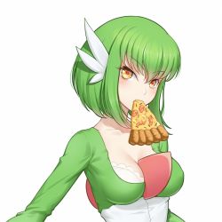 Rule 34 | 1girl, alternate hair length, alternate hairstyle, anarchojs, between legs, bob cut, breasts, c.c., code geass, cosplay, creatures (company), food, food in mouth, game freak, gardevoir, gardevoir (cosplay), gen 3 pokemon, green hair, hair ornament, long sleeves, looking at viewer, medium breasts, mouth hold, nintendo, pizza, pokemon, short hair, simple background, solo, upper body, white background, yellow eyes