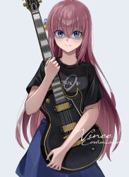Rule 34 | 1girl, black shirt, blue eyes, blue skirt, bocchi the rock!, closed mouth, commentary, commission, cube hair ornament, electric guitar, english commentary, gibson les paul, gotoh hitori, guitar, hair ornament, highres, holding, holding instrument, instrument, long hair, looking at viewer, pink hair, prayudi555, shaded face, shirt, short sleeves, skirt, solo, t-shirt