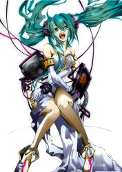 Rule 34 | 1girl, bad id, bad pixiv id, bare shoulders, detached sleeves, female focus, green eyes, green hair, hatsune miku, highres, legs, long hair, matching hair/eyes, open mouth, payload.nov, sitting, solo, twintails, very long hair, vocaloid, white background