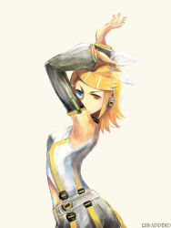 Rule 34 | aqua eyes, arm warmers, arms up, bad id, bad pixiv id, blonde hair, detached sleeves, hair ornament, hairclip, headphones, heterochromia, kagamine rin, kagamine rin (append), long hair, short hair, simple background, solo, vocaloid, vocaloid append, yellow eyes