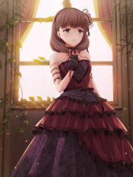 Rule 34 | 1girl, armlet, backlighting, bare shoulders, black gloves, black hairband, black ribbon, blue eyes, blunt bangs, brown hair, closed mouth, dress, earrings, flat chest, floral print, frilled dress, frills, gloves, hairband, hand on own chest, idolmaster, idolmaster cinderella girls, indoors, jewelry, layered dress, leaf, light particles, lips, looking away, medium hair, moai (aoh), plant, print dress, red dress, red ribbon, ribbon, rose print, sakuma mayu, solo, standing, thorns, vines, window
