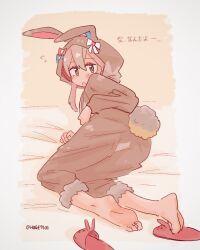 Rule 34 | 1girl, :o, animal hood, animal slippers, artist name, barefoot, bed sheet, brown eyes, bunny slippers, colored inner hair, commentary request, feet, from behind, full body, grey hair, hair between eyes, highres, hood, hood up, huge7531, long hair, long sleeves, looking at viewer, lying, multicolored hair, on side, onii-chan wa oshimai!, open mouth, oyama mahiro, pink hair, rabbit hood, rabbit tail, slippers, soles, solo, tail, toes, twitter username, two-tone hair