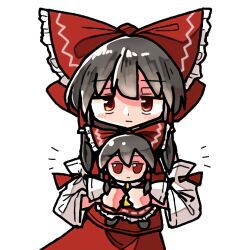 Rule 34 | 1girl, :/, bags under eyes, black hair, bow, closed mouth, cowboy shot, doll, dot nose, dress, expressionless, fumo (doll), hakurei reimu, holding, holding doll, japanese clothes, kasuya baian, large bow, light blush, miko, red bow, red dress, red eyes, solo, touhou, upper body, white background