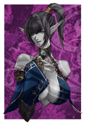 Rule 34 | bare shoulders, black hair, blue eyes, blue lips, blue skin, breasts, choker, collarbone, colored skin, dark elf, detached sleeves, elf, gordon (tori63), hand on own chest, huge breasts, lineage, lineage 2, lipstick, makeup, pointy ears, ponytail, upper body