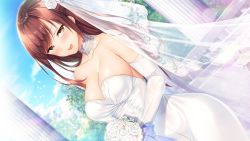 Rule 34 | 1girl, ayase hazuki, blue bow, blue sky, bouquet, bow, breasts, bridal veil, brown hair, choker, cleavage, collarbone, day, dress, elbow gloves, flower, game cg, gloves, holding, holding bouquet, large breasts, long hair, open mouth, outdoors, sky, solo, standing, strapless, strapless dress, swept bangs, tachibana iori, veil, very long hair, wedding dress, white choker, white dress, white flower, white gloves, yellow eyes, yubisaki connection