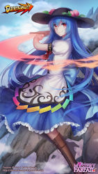 Rule 34 | 1girl, artist name, blue hair, boots, cloud, copyright name, cross-laced footwear, danmaku!!, day, dress, food, fruit, hat, highres, hinanawi tenshi, kyurin (sunnydelight), lace-up boots, layered dress, long hair, looking at viewer, peach, puffy sleeves, red eyes, short sleeves, sitting, sky, smile, solo, sword of hisou, text focus, touhou, watermark, web address