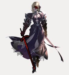 Rule 34 | 1girl, armor, armored boots, armored dress, artoria pendragon (all), artoria pendragon (fate), black bow, black dress, blonde hair, boots, bow, braid, breasts, breasts apart, dress, excalibur morgan (fate), eye mask, fate/grand order, fate (series), french braid, gauntlets, hair bow, highres, looking at viewer, medium breasts, saber alter, solo, tenobe, white background, yellow eyes