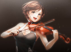 Rule 34 | 1girl, absurdres, after0217, bow (music), breasts, brooch, brown eyes, brown hair, cleavage, dress, flower, gradient background, high collar, highres, holding, holding bow (music), holding instrument, holding violin, instrument, jewelry, large breasts, light particles, looking at viewer, meiko (vocaloid), miku symphony (vocaloid), music, nail polish, open mouth, playing instrument, rose, short hair, sleeveless, sleeveless dress, smile, solo, upper body, violin, vocaloid