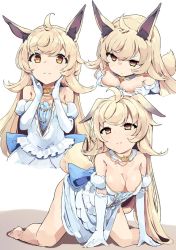 Rule 34 | 1girl, ahoge, all fours, animal ears, bare shoulders, blonde hair, blush, breasts, cleavage, collarbone, dress, elbow gloves, gloves, lima (cinderella) (princess connect!), lima (princess connect!), long hair, looking at viewer, medium breasts, multiple views, pkpkpppk, princess connect!, tail, white dress, white gloves, yellow eyes