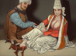 Rule 34 | 1boy, 1girl, beard, blue eyes, breasts, cleavage, closed mouth, facial hair, geta, hat, highres, jewelry, large breasts, long sleeves, looking at viewer, mossacannibalis, necklace, original, pearl necklace, red vest, sandals, sitting, smile, turban, vest