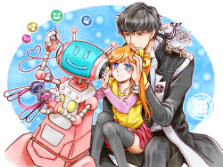Rule 34 | 1boy, 1girl, ace attorney, aged down, animal, animal on shoulder, athena cykes, bird, bird on shoulder, black eyes, black hair, black pants, black thighhighs, blue eyes, blush, coat, covering own ears, hair ribbon, headphones, heart, heart of string, ichi2co, jewelry, long hair, necklace, orange hair, pants, phoenix wright: ace attorney - dual destinies, ponco (ace attorney), red skirt, ribbon, robot, shirt, side ponytail, simon blackquill, sitting, sitting on lap, sitting on person, skirt, smile, taka (ace attorney), thighhighs