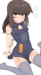 Rule 34 | 1girl, absurdres, bare shoulders, black dress, black hair, blush, breasts, closed mouth, commentary, covered navel, detached sleeves, dress, grey thighhighs, highres, long hair, long sleeves, looking at viewer, nakta, no shoes, ofuda, original, puffy long sleeves, puffy sleeves, see-through, see-through sleeves, simple background, sitting, sleeveless, sleeveless dress, small breasts, solo, sweat, symbol-only commentary, thighhighs, v-shaped eyebrows, wariza, white background, yellow eyes