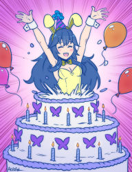 Rule 34 | 1girl, akairiot, animal ears, balloon, birthday cake, blue hair, breasts, cake, candle, cleavage, emphasis lines, fake animal ears, fire emblem, fire emblem awakening, food, hat, in food, leotard, long hair, lucina (fire emblem), nintendo, oversized food, oversized object, party hat, playboy bunny, rabbit ears, small breasts, smile, solo