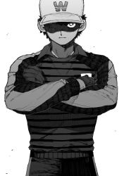 Rule 34 | 1boy, captain tsubasa, closed mouth, crossed arms, gloves, greyscale, hat, highres, long sleeves, maki keigo, male focus, monochrome, shaded face, shirt, shorts, simple background, solo, sportswear, striped clothes, striped shirt, wakabayashi genzou, white background