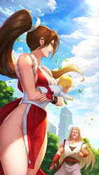 Rule 34 | 1boy, 1girl, absurdres, andy bogard, baby, bare shoulders, blonde hair, breasts, brown hair, clenched teeth, cloud, cloudy sky, fatal fury, fingerless gloves, gloves, hair down, hair ribbon, hand puppet, highres, holding, large breasts, long hair, outdoors, parted bangs, pelvic curtain, ponytail, prank, puppet, red gloves, revealing clothes, ribbon, shiranui mai, side slit, sky, smile, sramy, sunlight, surprised, teeth, thighs