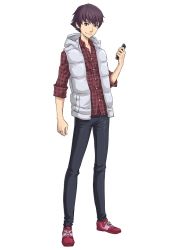 Rule 34 | 1boy, brown eyes, brown hair, cellphone, full body, male focus, male protagonist (smt ldx2), official art, phone, shin megami tensei, shin megami tensei: liberation dx2, simple background, solo, white background