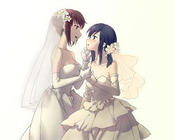 Rule 34 | 2girls, bare shoulders, black hair, blush, breasts, bridal veil, bride, brown hair, cleavage, commentary request, domonekoteki, dress, elbow gloves, face-to-face, female focus, flower, gloves, hair flower, hair ornament, holding hands, lily (flower), looking at another, medium breasts, multiple girls, original, strapless, strapless dress, veil, wedding dress, white dress, white gloves, wife and wife, yuri