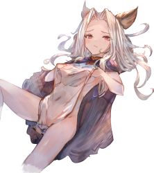 Rule 34 | 1girl, animal ears, bare arms, breasts, cape, commentary request, covered navel, dress, female focus, forehead, granblue fantasy, grey hair, hands up, highres, long hair, looking at viewer, parted bangs, parted lips, purple cape, red eyes, scathacha (granblue fantasy), see-through, simple background, sleeveless, sleeveless dress, small breasts, solo, tota (sizukurubiks), white background, white dress