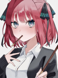 Rule 34 | 1girl, black cardigan, black ribbon, blue eyes, blunt bangs, breasts, butterfly hair ornament, cardigan, collared shirt, commentary request, food, food in mouth, go-toubun no hanayome, hair ornament, hair ribbon, holding, holding food, jacket, large breasts, lbinowa, long sleeves, looking at viewer, nail polish, nakano nino, open cardigan, open clothes, open jacket, pink hair, pocky, pocky day, portrait, ribbon, school uniform, shirt, short hair, sidelocks, simple background, solo, white background, white shirt