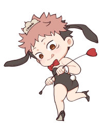 Rule 34 | 1boy, animal ears, arrow (projectile), ass, black footwear, black hair, black leotard, bow, bowtie, brown eyes, character name, chibi, closed mouth, crossdressing, fake animal ears, fake tail, full body, high heels, highres, holding, holding arrow, itadori yuuji, jujutsu kaisen, leotard, licking lips, looking at viewer, male focus, male playboy bunny, pink hair, rabbit tail, red bow, red bowtie, short hair, simple background, smile, solo, spiked hair, standing, standing on one leg, strapless, strapless leotard, tail, tongue, tongue out, tootigee, traditional bowtie, undercut, white background, wrist cuffs