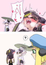 Rule 34 | 3girls, ?, absurdres, agent 3 (splatoon), aqua eyes, black gloves, blonde hair, blue headwear, blush, brown eyes, callie (splatoon), captain (splatoon), caught, closed mouth, cousins, covering face, cross-shaped pupils, ear blush, eargasm, earrings, embarrassed, fangs, female masturbation, female orgasm, furrowed brow, gloves, gradient hair, green umbrella, grey hair, hat, heart, highres, holding, holding umbrella, inkling, inkling girl, inkling player character, irohasu (csah8525), jewelry, long hair, looking at another, marie (splatoon), masturbation, mole, mole under eye, multicolored hair, multiple girls, nintendo, notice lines, oil-paper umbrella, open mouth, orgasm, peaked cap, pointy ears, rubbing ears, short hair, smile, speech bubble, splatoon (series), splatoon 3, split mouth, spoken heart, spoken question mark, squidbeak splatoon, suction cups, symbol-shaped pupils, teeth, tentacle hair, two-tone hair, umbrella, uncommon stimulation