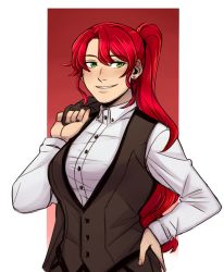 Rule 34 | 1girl, breasts, commentary, ear piercing, english commentary, formal, green eyes, hand on own hip, large breasts, long hair, long sleeves, looking at viewer, naitourse, parted lips, piercing, ponytail, pyrrha nikos, red hair, rwby, smile, solo, suit, teeth