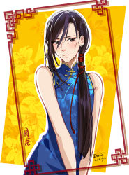 Rule 34 | 1boy, 2018, androgynous, banana fish, black hair, blush, brown eyes, china dress, chinese clothes, dated, dorris, dress, earrings, flower, highres, jewelry, lee yue-lung, male focus, ponytail, solo