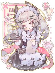 Rule 34 | 1girl, :o, alternate costume, apron, arknights, black dress, cowboy shot, cup, dress, enmaided, feather hair, flower-shaped pupils, frilled apron, frills, grey eyes, grey hair, hair ornament, head tilt, highres, holding, holding menu, holding tray, irene (arknights), irene (voyage of feathers) (arknights), long hair, long sleeves, maid, maid headdress, menu, official alternate costume, open mouth, outline, pixelated, ponytail, saucer (saucer752), simple background, solo, symbol-shaped pupils, teacup, teapot, tray, visible air, white apron, white background, x hair ornament